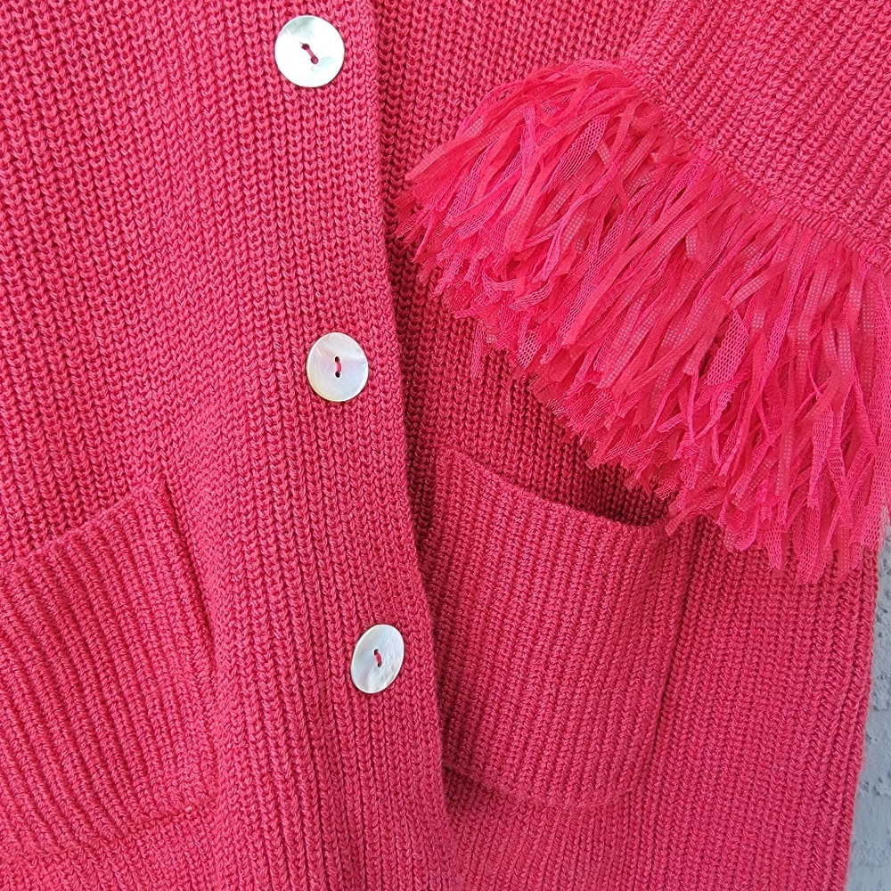 Nic+Zoe Deep Red Knit Cardigan M Tulle Fringe Cuffs Pearl Buttons Statement - Picture 12 of 13